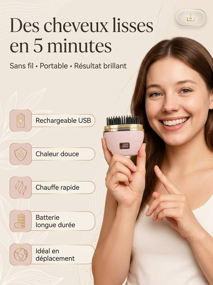 Mini peigne lissant sans fil – Cheveux Lisses en 5 Minutes | Portable & Rechargeable USB