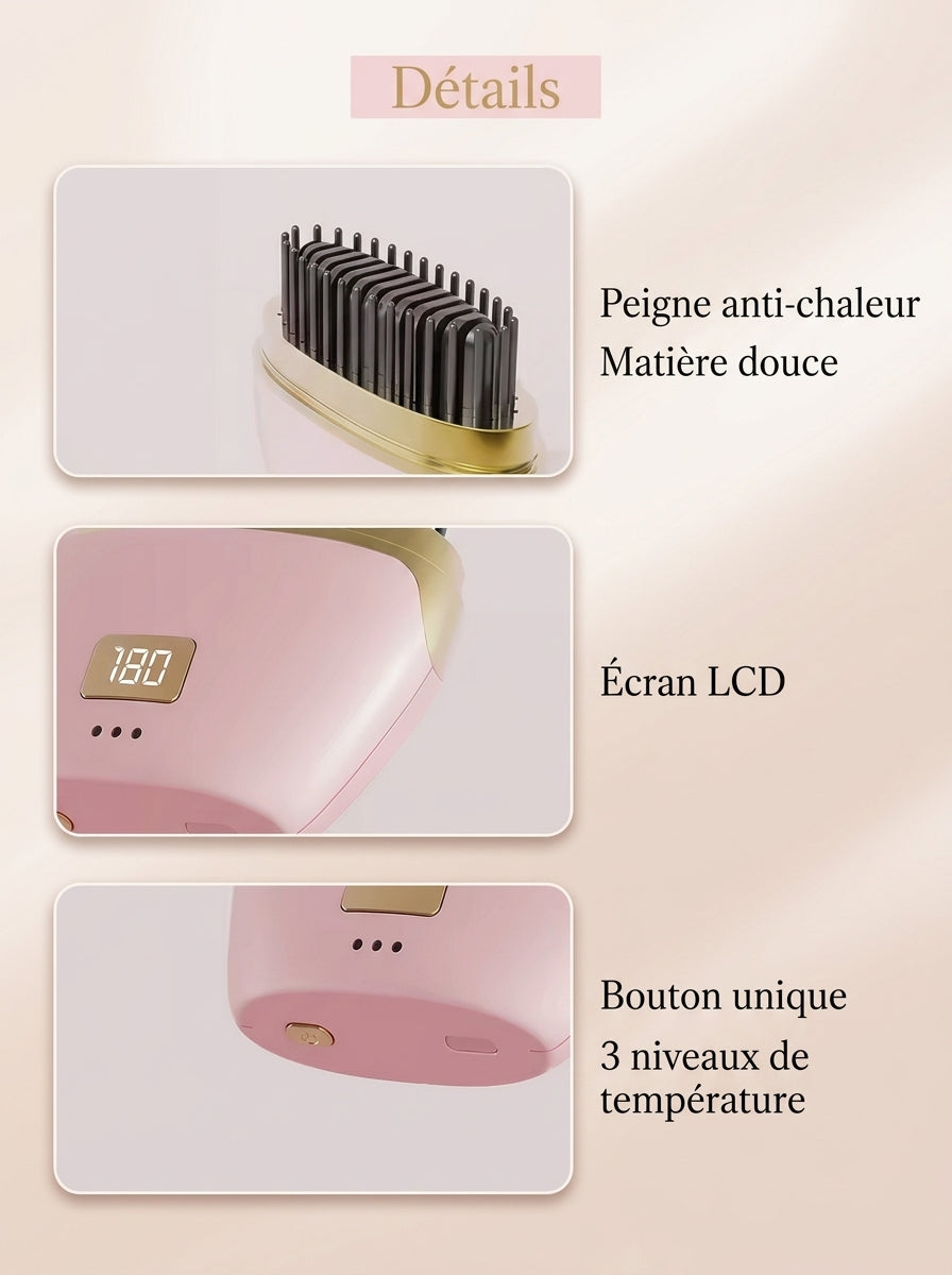 Mini peigne lissant sans fil – Cheveux Lisses en 5 Minutes | Portable & Rechargeable USB